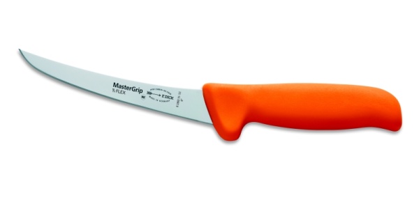 Speciální vykosťovací nůž se zahnutou čepelí, poloohebný,oranžový v délce 15cm