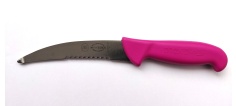 Nůž na vnitřnosti s částečně zubatým ostřím, růžový, v délce 15 cm