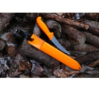 Oranžové plastové pouzdro na nůž s řemínkem