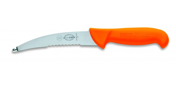 Nůž na vnitřnosti s částečně zubatým ostřím, oranžový,  v délce 15 cm