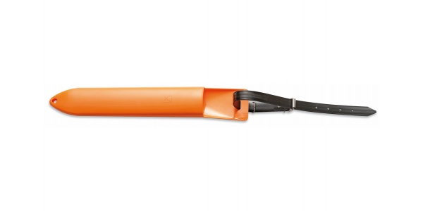 Oranžové plastové pouzdro na nůž s řemínkem