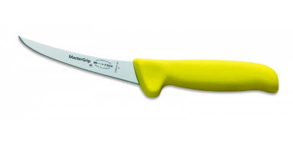 Speciální vykosťovací nůž se zahn. čepelí, světle žlutý, neohebný v délce 13 cm