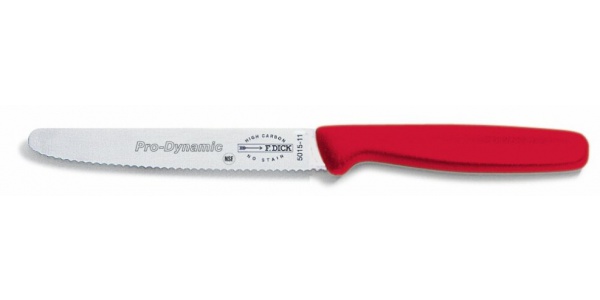 Víceúčelový nůž s vlnitým výbrusem, červený v délce 11 cm