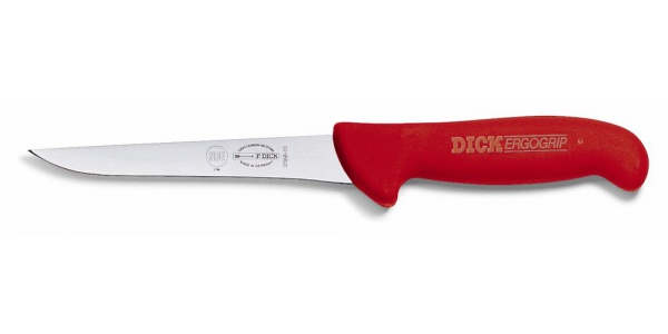 Vykosťovací nůž s úzkou čepelí, červený v délce 13 cm