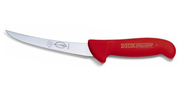 Vykosťovací nůž se zahnutou čepelí, neohebný, červený v délce 13 cm
