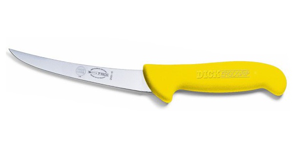 Vykosťovací nůž se zahnutou čepelí, neohebný, žlutý v délce 13 cm