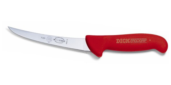 Vykosťovací nůž se zahnutou čepelí, ohebný, červený v délce 13 cm