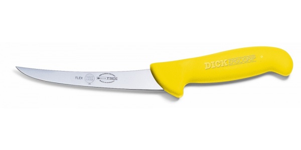 Vykosťovací nůž se zahnutou čepelí, ohebný, žlutý v délce 13 cm
