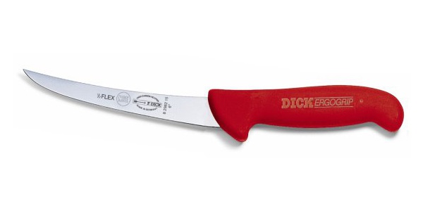 Vykosťovací nůž se zahnutou čepelí, poloohebný, červený v délce 15 cm