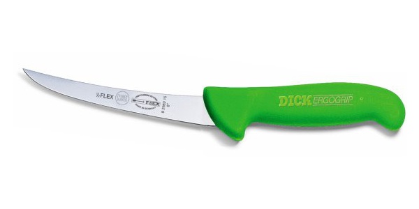 Vykosťovací nůž se zahnutou čepelí, poloohebný, zelený v délce 15 cm