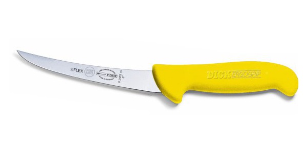 Vykosťovací nůž se zahnutou čepelí, poloohebný, žlutý v délce 13 cm